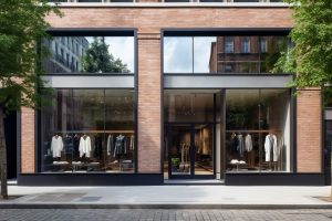 Modern clothing boutique with glass facade, city street view