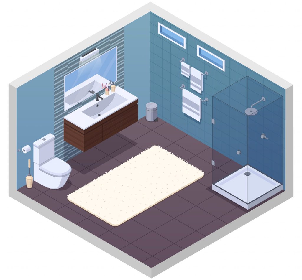 Bathroom isometric interior with glossy shower unit lavatory bowl vanity basin mirror and soft bath mat vector illustration